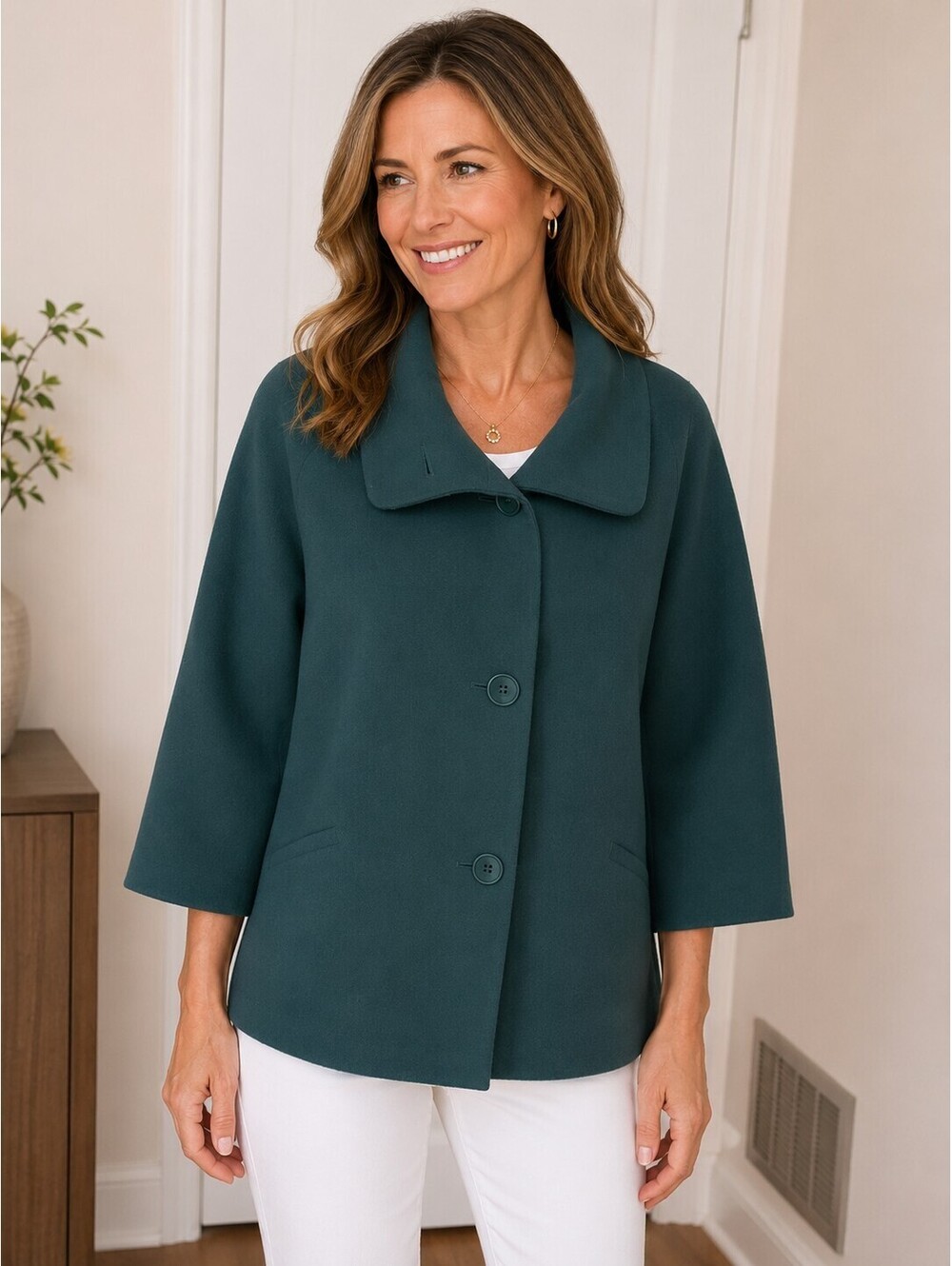 Talbots Women's Wool Blend Swing Coat Jacket Teal 3/4 Sleeves Sz 16 Classic